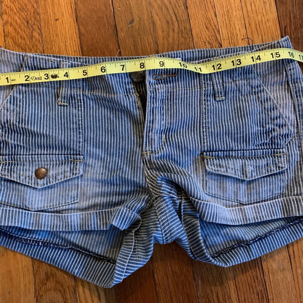 Striped, faded denim shorts